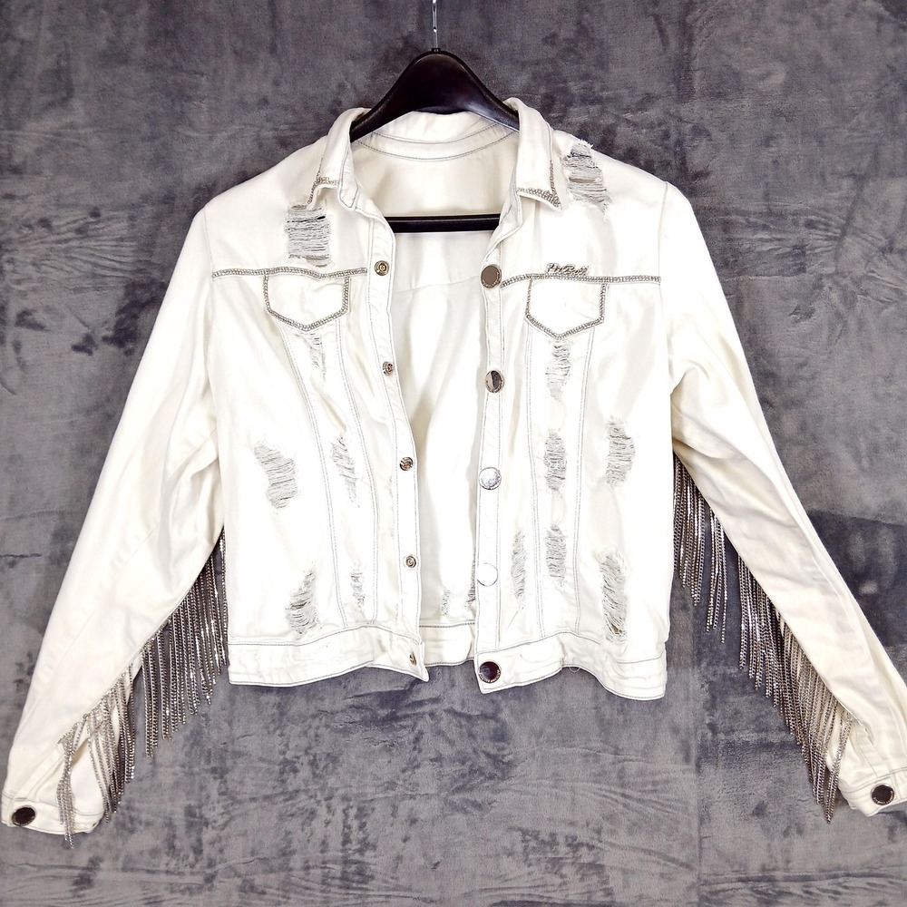 Pit Bull Jeans Jacket Womens 8 White Fringe Rhinestone Distressed‎ Western